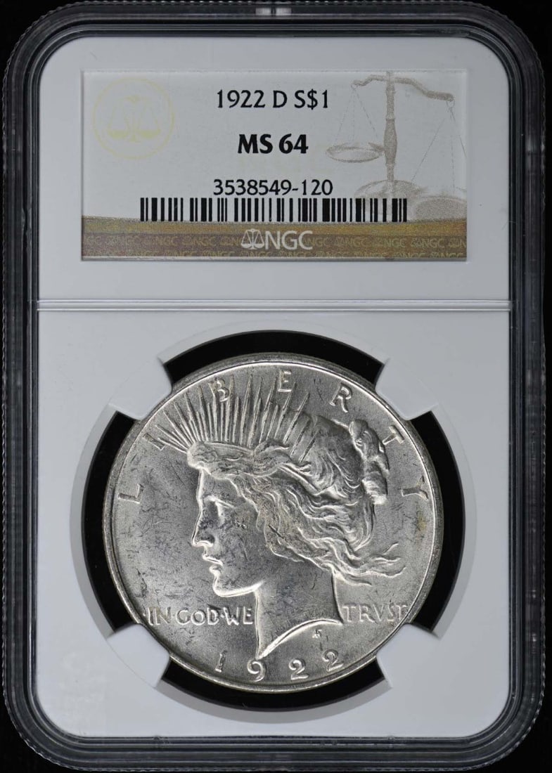 NGC MS64 1922 Denver Mint Peace Silver Dollar: NGC MS64 1922 Denver Mint Peace Silver Dollar This 1922-D Peace Dollar is an uncirculated silver coin minted in Denver and graded MS64 by NGC. It features the classic Peace Dollar design and is a pre-