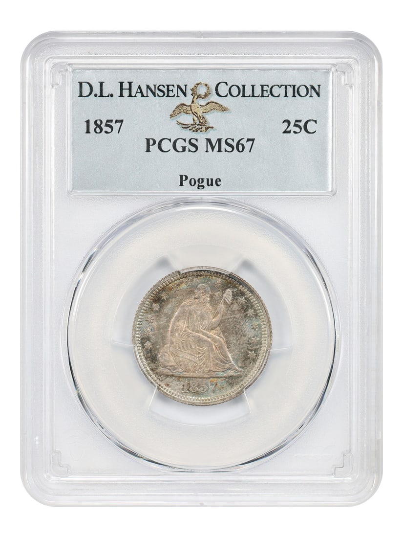 Liberty Seated Quarter 1857 25C PCGS MS67 ex D.L. Hansen Pogue: Liberty Seated Quarter 1857 25C PCGS MS67 ex D.L. Hansen Pogue 1857 Liberty Seated Quarter certified MS67 by PCGS. From a mintage of nearly 10 million pieces, the 1857 Liberty Seated quarter is an ava