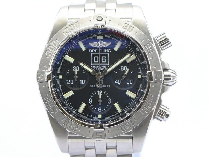 Breitling Chronomat Blackbird A44359 Mens Automatic Chronograph Watch: Breitling Chronomat Blackbird A44359 Mens Automatic Chronograph Watch Pre-owned Breitling Chronomat Blackbird men's wristwatch with automatic movement, black dial, and stainless steel construction. Th
