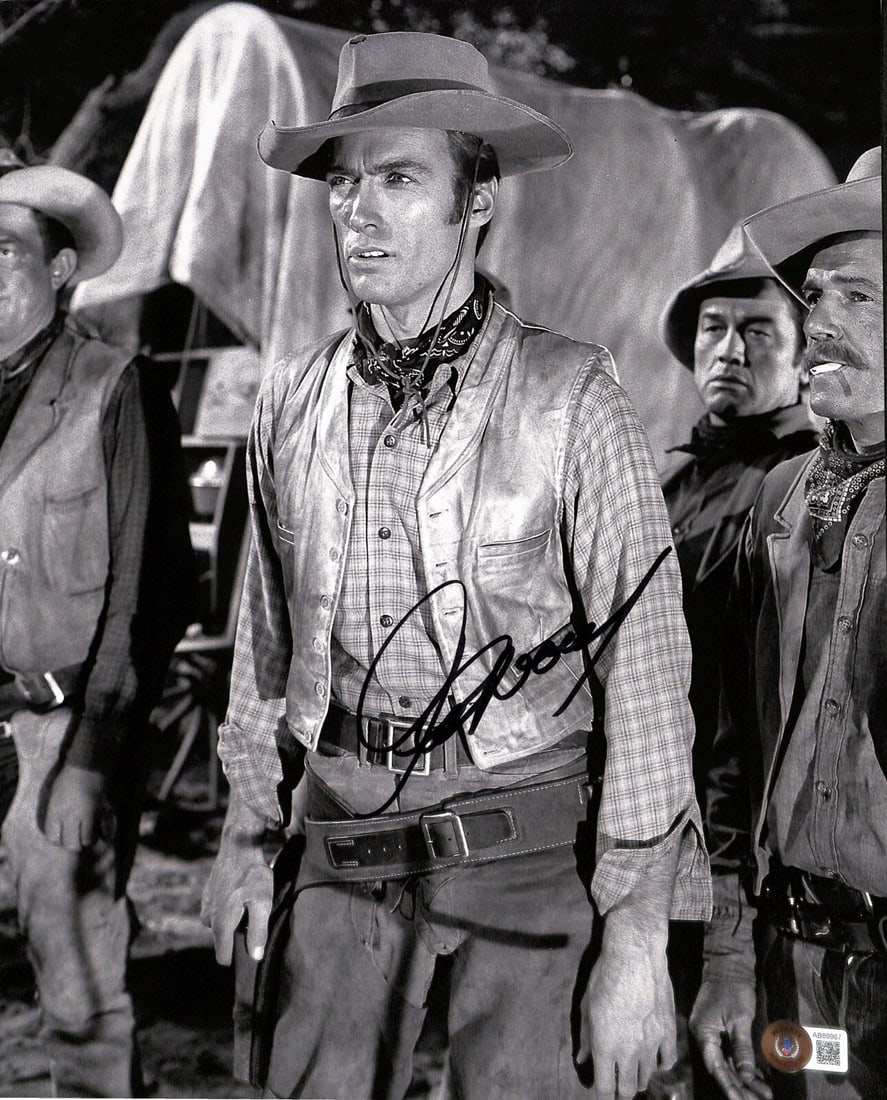 Clint Eastwood Signed 11x14 Rawhide Photo with Beckett LOA: Clint Eastwood Signed 11x14 Rawhide Photo with Beckett LOA This is an original 11x14 black and white photograph featuring Clint Eastwood, signed in black permanent marker. The autograph is authenticat