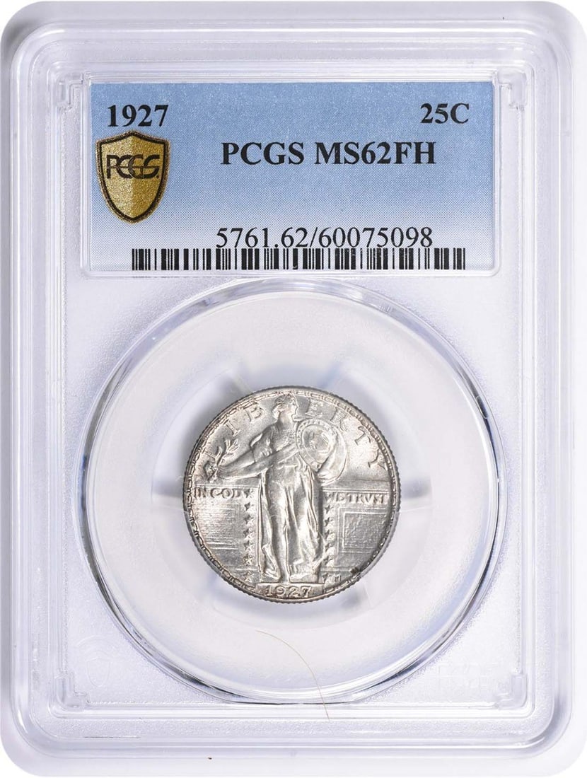 PCGS MS62FH 1927 Standing Liberty 25C Silver Quarter: PCGS MS62FH 1927 Standing Liberty 25C Silver Quarter 1927 Standing Liberty silver quarter graded MS62 by PCGS. This uncirculated 25-cent United States coin is a pre-owned example from the Standing Lib