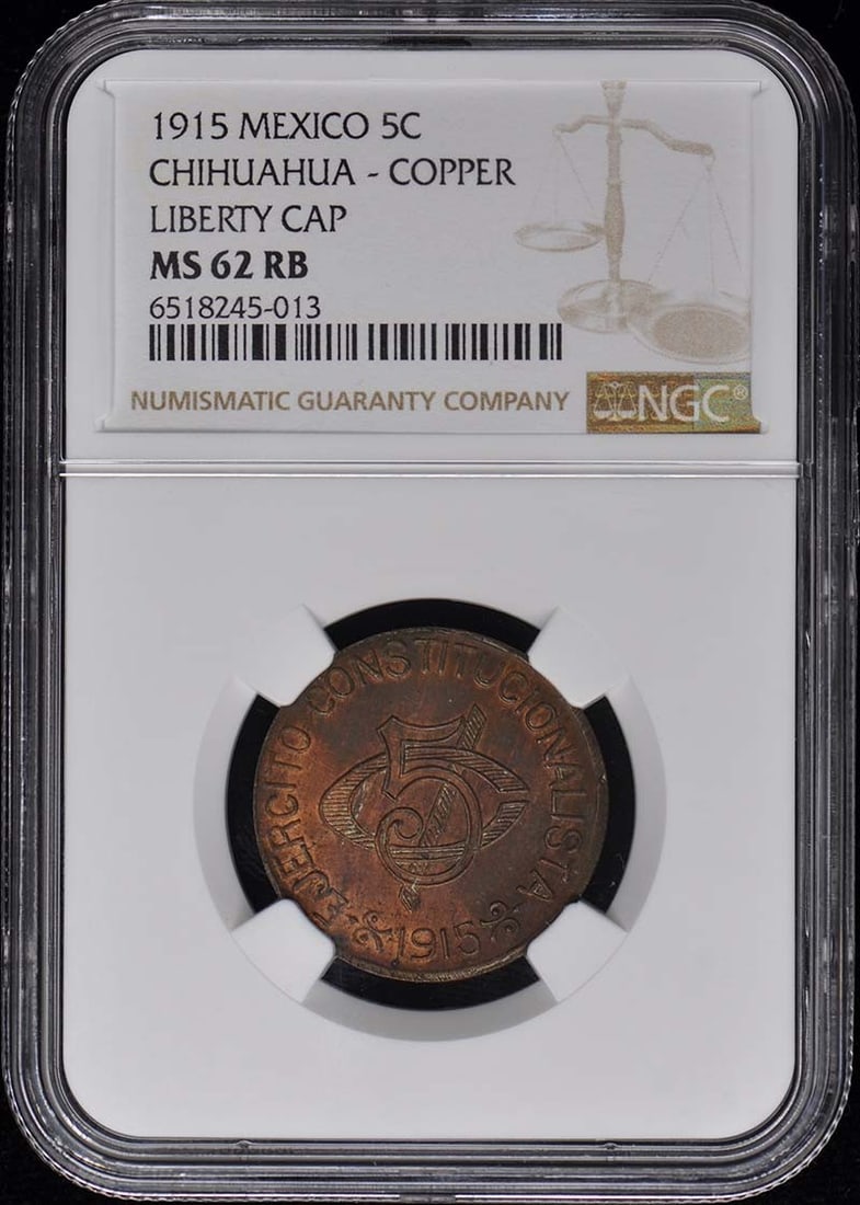 1915 Mexico Chihuahua 5C Coin NGC MS62RB Uncirculated: 1915 Mexico Chihuahua 5C Coin NGC MS62RB Uncirculated This 1915 Mexico Chihuahua 5 Cent coin is an exceptional piece for collectors, certified by NGC with a grade of MS62. Known for its uncirculated c