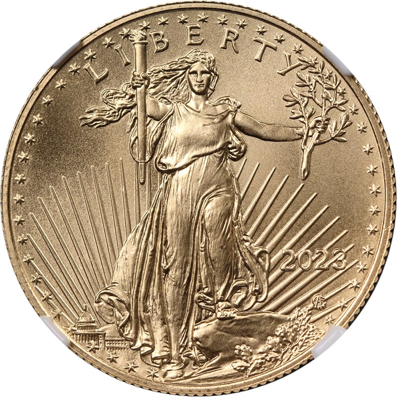 2023 $25 Gold American Eagle NGCX MS10 First Day Issue: 2023 $25 Gold American Eagle NGCX MS10 First Day Issue Original 2023 Gold American Eagle $25 coin certified by NGCX as MS10 First Day Issue. This uncirculated gold coin is described as having superb e