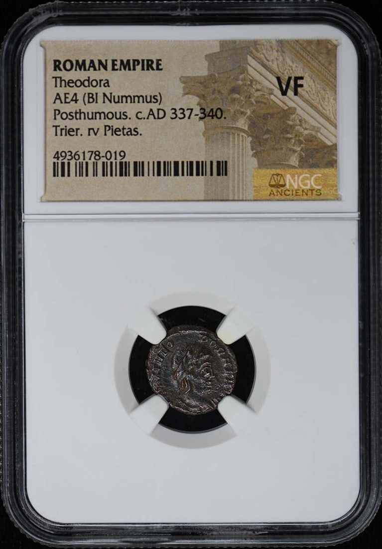 NGC VF Theodora Roman Empire AE4 Bi Nummus Coin: NGC VF Theodora Roman Empire AE4 Bi Nummus Coin This Roman Empire AE4 (BI Nummus) coin features Theodora and has been certified by NGC with a grade of VF (Very Fine). Originating from Italy, this pre-