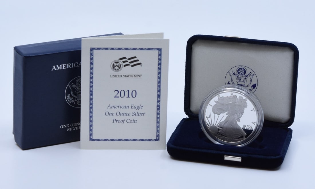 2010 W American Eagle Proof Silver Dollar in OGP: 2010 W American Eagle Proof Silver Dollar in OGP This 2010-W $1 American Proof Silver Eagle coin is a pre-owned collectible struck at the West Point Mint. It features a proof strike and contains 1 oun