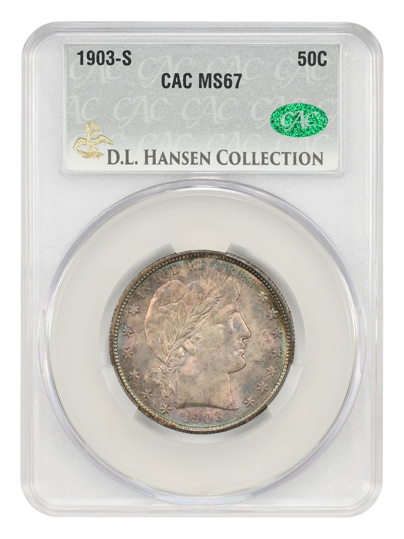Barber Half Dollar 1903-S 50C CACG MS67: Barber Half Dollar 1903-S 50C CACG MS67 1903-S Barber Half Dollar certified CACG MS67. From a mintage of 1,920,772 coins, this issue is noted as rare any finer than gem. This piece comes from a total 