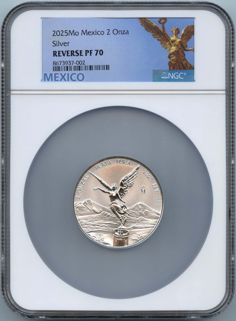 NGC PF70 2025 Mexico 2 Onza Libertad Reverse Proof Silver Coin: NGC PF70 2025 Mexico 2 Onza Libertad Reverse Proof Silver Coin 2025 Mexico 2 Onza Libertad silver coin graded NGC PF70 in Reverse Proof format. This low mintage issue is listed as uncirculated and pre