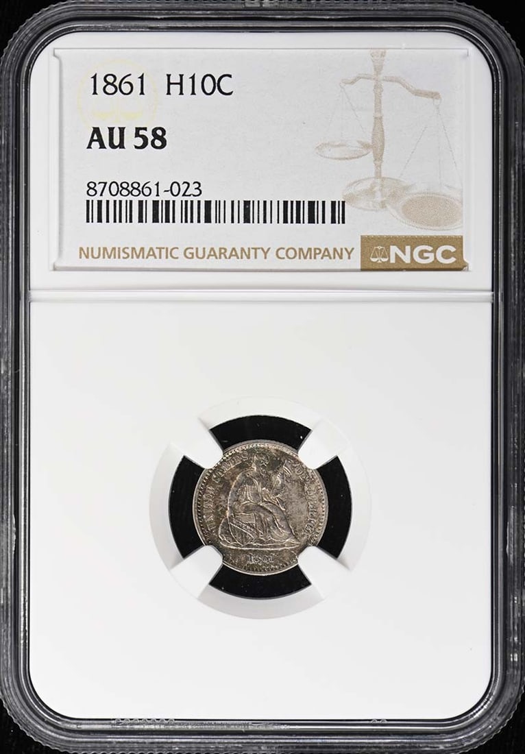 NGC AU58 1861 Liberty Seated Half Dime H10C: NGC AU58 1861 Liberty Seated Half Dime H10C 1861 Liberty Seated Half Dime certified by NGC and graded AU58. This pre-owned United States coin is a circulated example of the Liberty Seated Half Dime de
