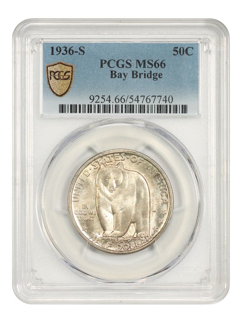 PCGS MS66 1936 S Bay Bridge Silver Commemorative Half Dollar: PCGS MS66 1936 S Bay Bridge Silver Commemorative Half Dollar 1936-S Bay Bridge classic silver commemorative half dollar certified by PCGS as MS66. This uncirculated issue had a mintage of 71,424 as a 