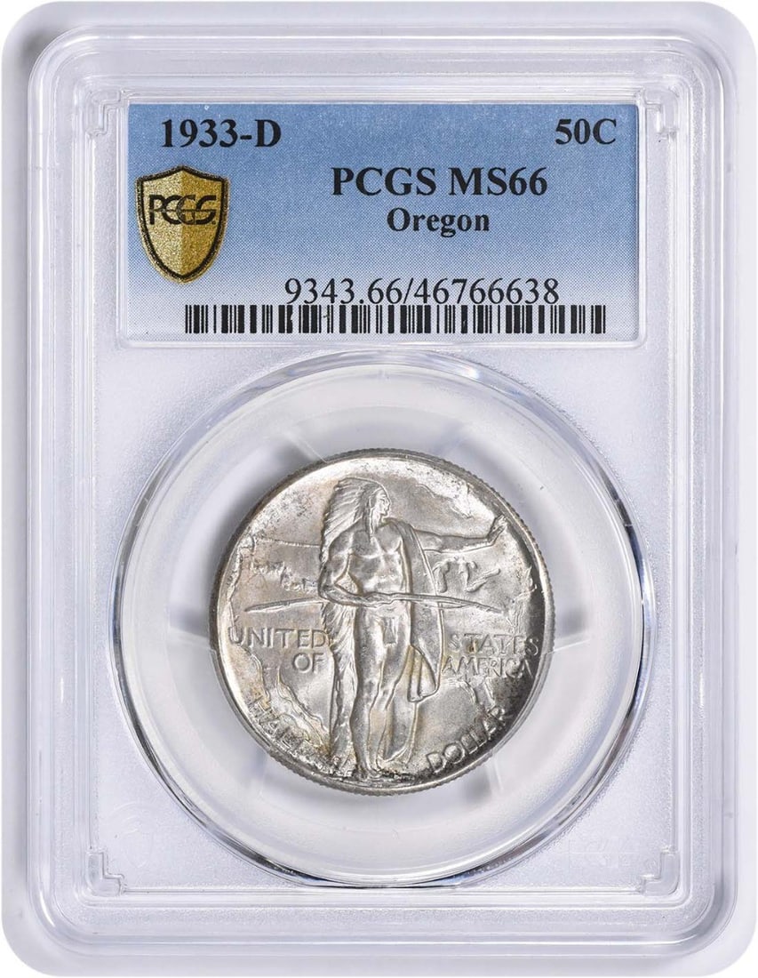 1933-D Oregon Commemorative Silver Half Dollar MS66 PCGS Certified: 1933-D Oregon Commemorative Silver Half Dollar MS66 PCGS Certified This Oregon Commemorative Silver Half Dollar, minted in 1933 at the Denver Mint, is a remarkable piece for collectors. Graded MS66 by