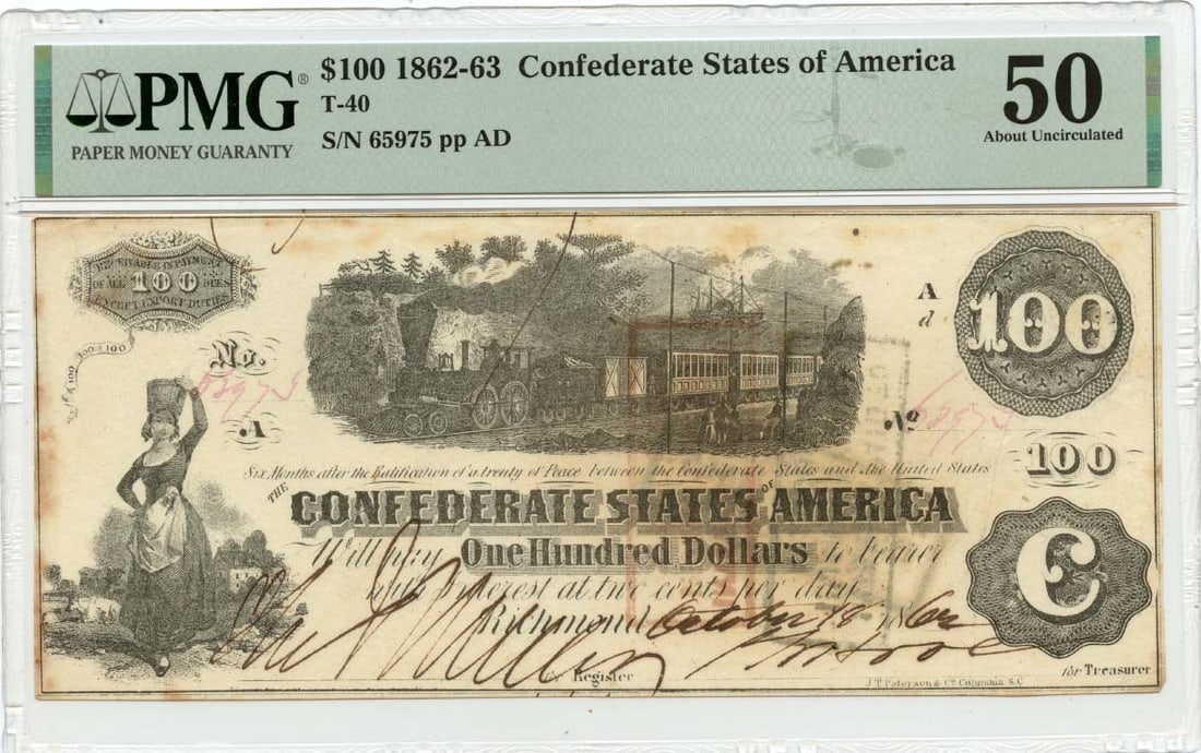 PMG AU50 1862 Confederate States of America 100 Dollars T-40 Note: PMG AU50 1862 Confederate States of America 100 Dollars T-40 Note 1862 Confederate States of America T-40 $100 note graded PMG AU50. This pre-owned note is a circulated example and includes PMG certif