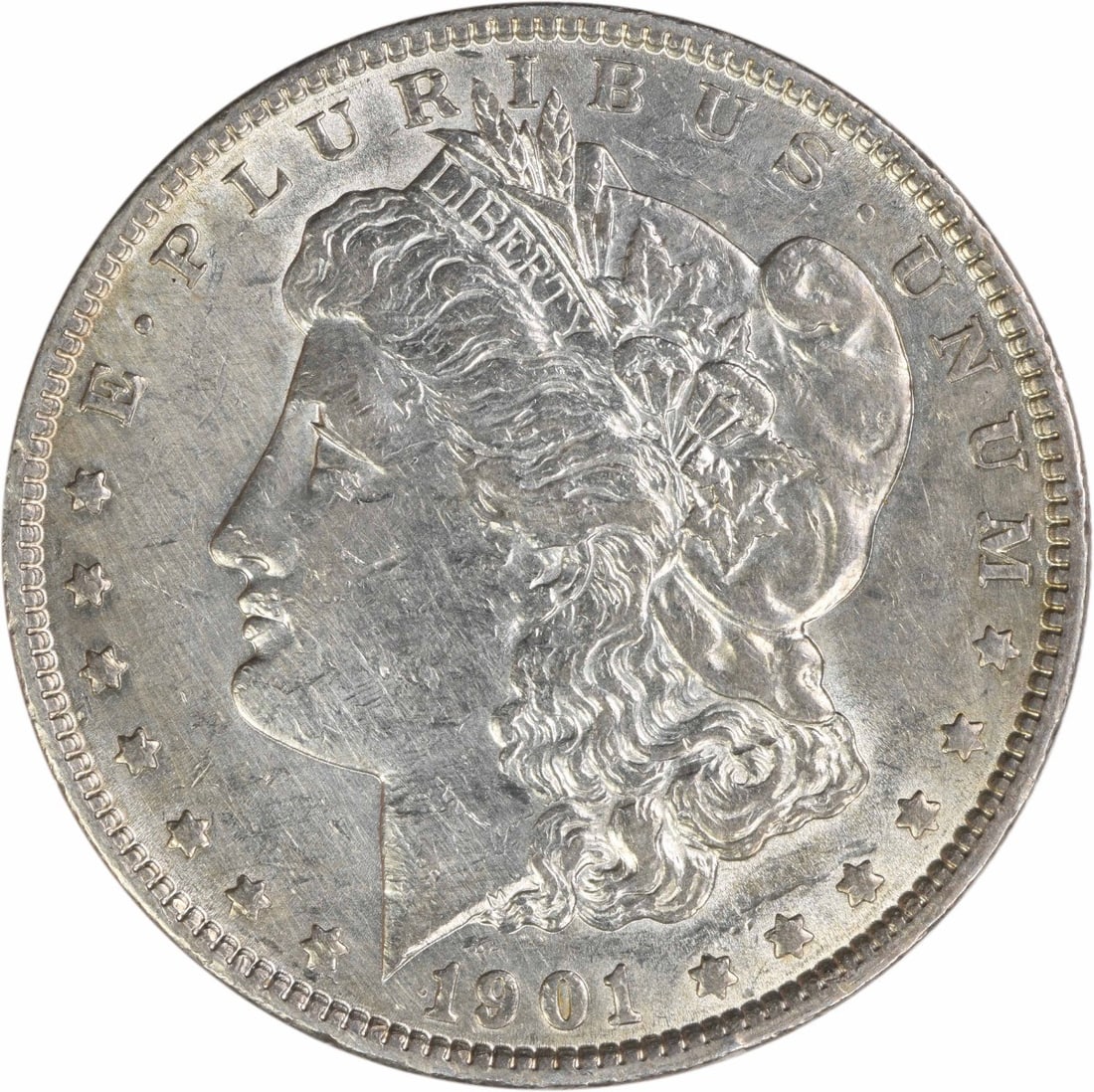 1901 Philadelphia Morgan Dollar 90% Silver About Uncirculated Uncertified: 1901 Philadelphia Morgan Dollar 90% Silver About Uncirculated Uncertified This 1901 Morgan Silver Dollar was minted in Philadelphia and is composed of 90% silver and 10% copper. Designed by George T. 