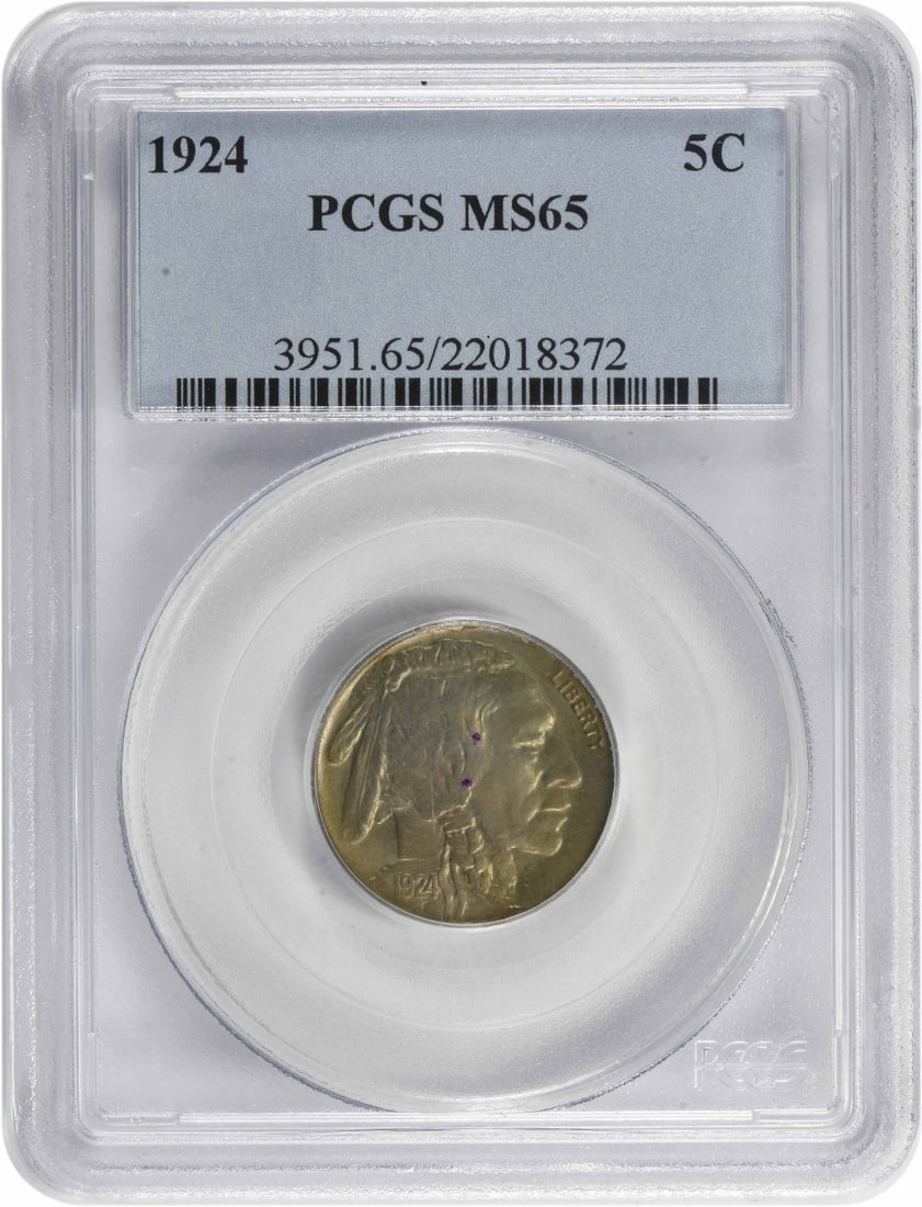 1924 Buffalo Nickel MS65 PCGS James Earle Fraser Design: 1924 Buffalo Nickel MS65 PCGS James Earle Fraser Design This 1924 Buffalo Nickel is graded MS65 by PCGS, signifying its uncirculated condition. Minted in Philadelphia, this coin features a design by J