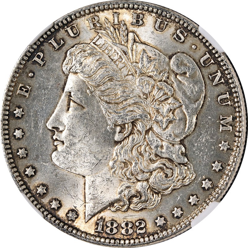 NGC MS63 1882 Philadelphia Morgan Dollar With Attractive Toning: NGC MS63 1882 Philadelphia Morgan Dollar With Attractive Toning This 1882-P Morgan Silver Dollar is certified by NGC with a grade of MS63 and features attractive toning. The coin is composed of 90% si