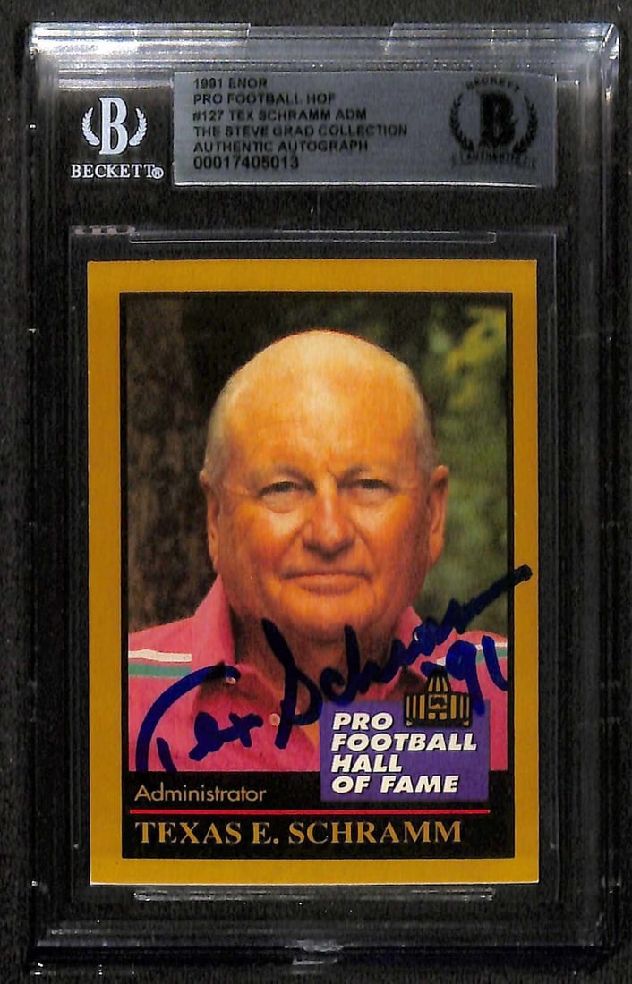 Tex Schramm Signed 1991 ENOR Pro Football HOF #127 Card Beckett Authenticated: Tex Schramm Signed 1991 ENOR Pro Football HOF #127 Card Beckett Authenticated This is a signed 1991 ENOR Pro Football Hall of Fame #127 trading card featuring Tex Schramm, the esteemed Dallas Cowboys 