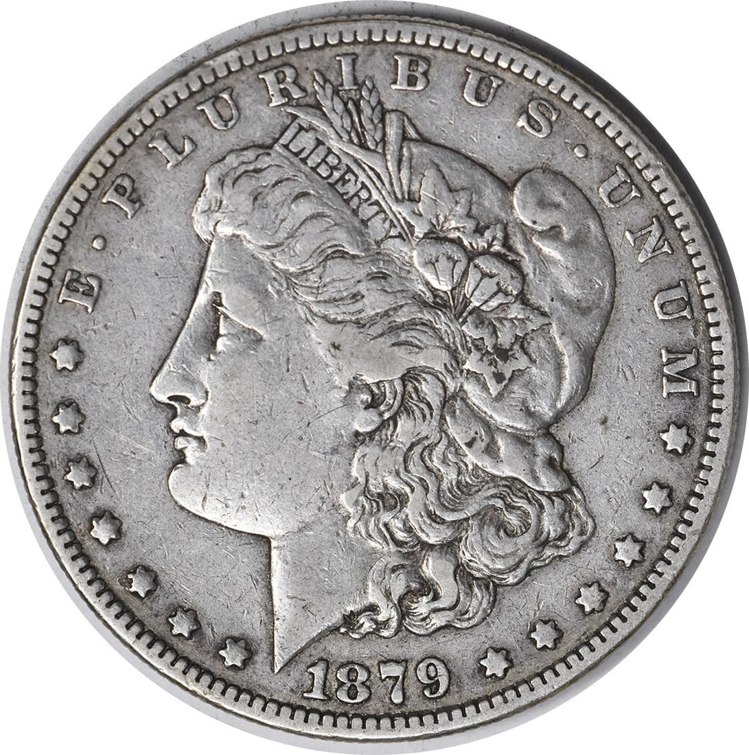 1879-S Morgan Silver Dollar Reverse of 1878 VF Uncertified Coin: 1879-S Morgan Silver Dollar Reverse of 1878 VF Uncertified Coin This 1879-S VAM 34 Morgan Silver Dollar showcases the Reverse of 1878 design and is in Choice VF condition. Struck in 90% silver and 10%