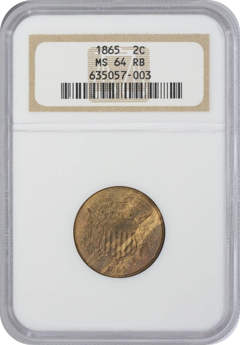 NGC MS64RB 1865 United States 2C Two Cent Coin: NGC MS64RB 1865 United States 2C Two Cent Coin 1865 United States Two Cent Piece graded MS64RB by NGC. This pre-owned coin is listed as uncirculated and features the 2C denomination. Specifications It