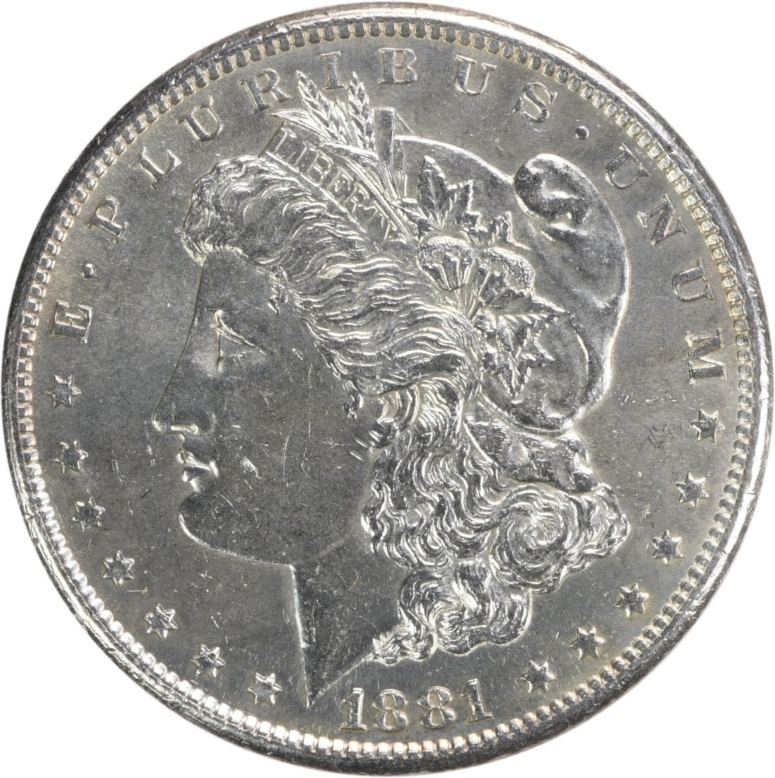 Uncirculated 1881 San Francisco Morgan Silver Dollar BU Grade Uncertified: Uncirculated 1881 San Francisco Morgan Silver Dollar BU Grade Uncertified This 1881-S Morgan Silver Dollar is an uncirculated coin from the United States, featuring brilliant uncirculated (BU) grade. 