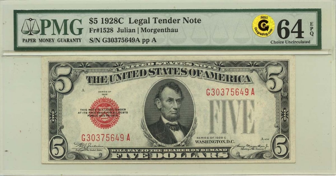 PMG MS64 1928C Five Dollar US Legal Tender Currency Note: PMG MS64 1928C Five Dollar US Legal Tender Currency Note This 1928C $5 Legal Tender Note is graded PMG CU64 EPQ GCC Gold and certified by PMG. It is an uncirculated, pre-owned note from the United Sta