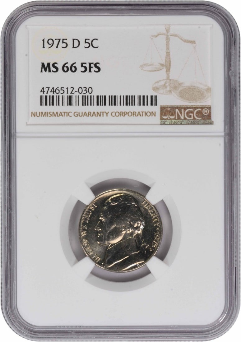 NGC MS66 Five Full Steps 1975-D Jefferson Nickel: NGC MS66 Five Full Steps 1975-D Jefferson Nickel This 1975-D Jefferson Nickel is graded MS66 5FS by NGC and features a composition of 56% copper, 35% silver, and 9% manganese. Minted in Denver, this u