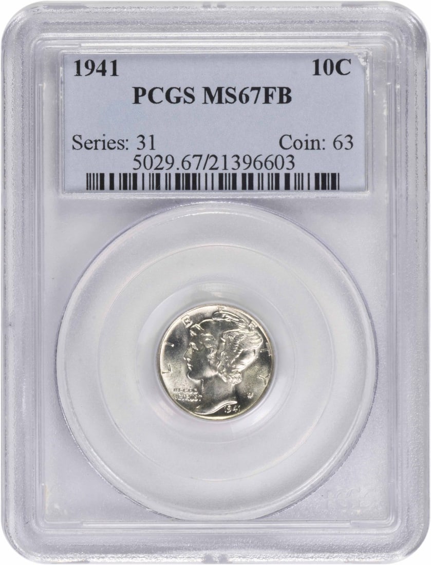 PCGS MS67FB 1941 Philadelphia Mercury 10C Silver Dime: PCGS MS67FB 1941 Philadelphia Mercury 10C Silver Dime This 1941 Mercury Dime was struck at the Philadelphia Mint and is graded MS67FB by PCGS. Composed of 90% silver and 10% copper, the coin features 