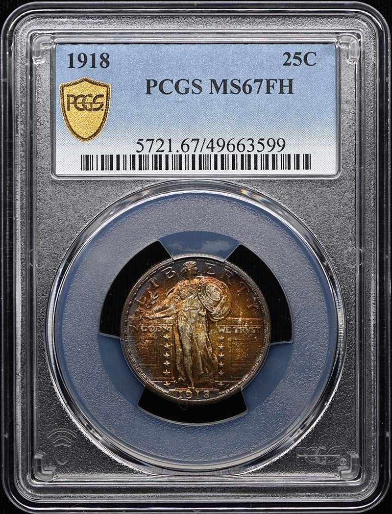 PCGS MS67FH 1918 Standing Liberty Quarter 25C: PCGS MS67FH 1918 Standing Liberty Quarter 25C 1918 Standing Liberty Quarter certified by PCGS and graded MS67FH. This pre-owned United States coin is an uncirculated 25-cent piece from the Philadelphi