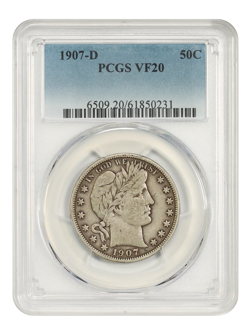 PCGS VF20 1907-D Barber Half Dollar 50C: PCGS VF20 1907-D Barber Half Dollar 50C 1907-D Barber Half Dollar certified by PCGS in VF20 grade. This circulated, pre-owned coin is identified as a 50C denomination issue from the Denver Mint. Speci