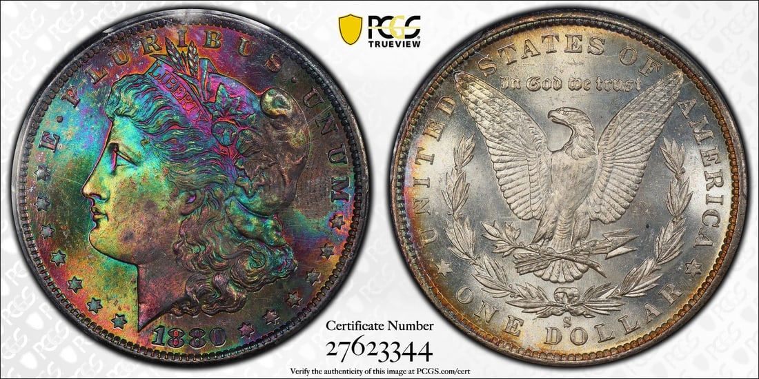 1880-S Morgan Dollar PCGS MS66 Rainbow Toning (1 of 3)