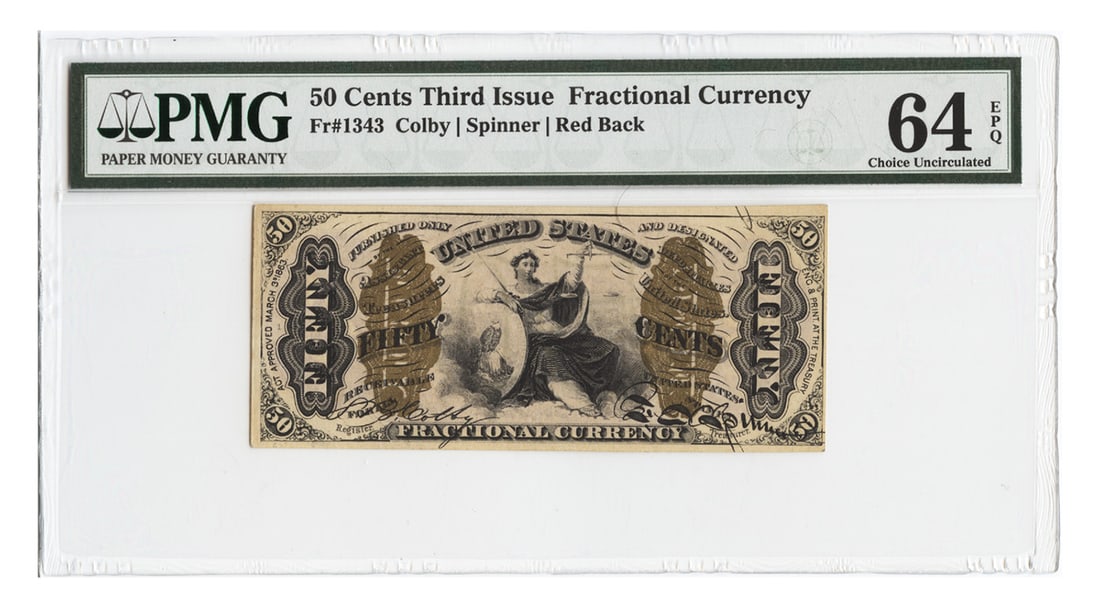 PMG 64 EPQ Fr. 1343 Third Issue 50 Cents Fractional Note Red Back: PMG 64 EPQ Fr. 1343 Third Issue 50 Cents Fractional Note Red Back Third Issue 50 Cents fractional currency note graded PMG Choice UNC64 EPQ. This uncirculated example features a red back and is descri