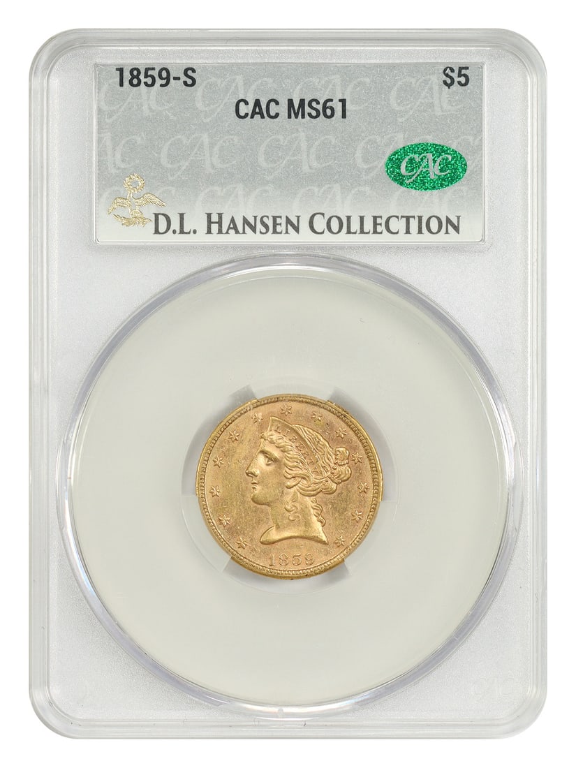 1859-S Liberty Head $5 Gold Coin CACG MS61 ex D.L. Hansen: 1859-S Liberty Head $5 Gold Coin CACG MS61 ex D.L. Hansen 1859-S Liberty Head $5 gold coin certified MS61 by CACG and noted as ex: D.L. Hansen. From a scant mintage of just 13,220 examples, this uncir