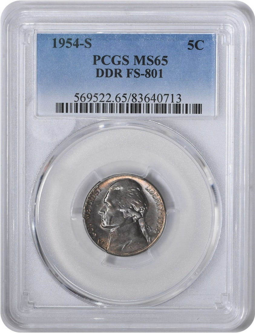 1954-S Jefferson Nickel DDR FS-801 Uncirculated MS65 PCGS Certified: 1954-S Jefferson Nickel DDR FS-801 Uncirculated MS65 PCGS Certified This 1954-S Jefferson Nickel is a remarkable piece for collectors, certified by PCGS with a grade of MS65, indicating an uncirculate