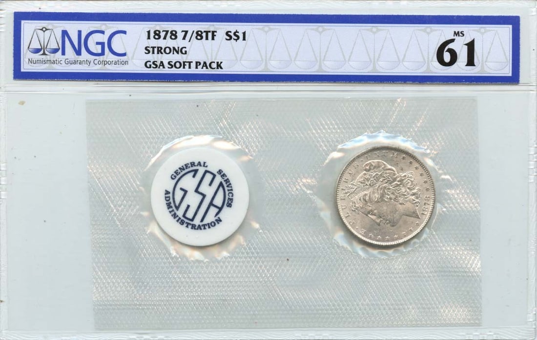 NGC MS61 1878 Morgan Dollar 7 Over 8 Tail Feathers GSA Soft Pack: NGC MS61 1878 Morgan Dollar 7 Over 8 Tail Feathers GSA Soft Pack This is an 1878 7/8 Tail Feathers Strong Morgan Dollar, housed in a GSA soft pack and certified by NGC with a grade of MS61. The coin i