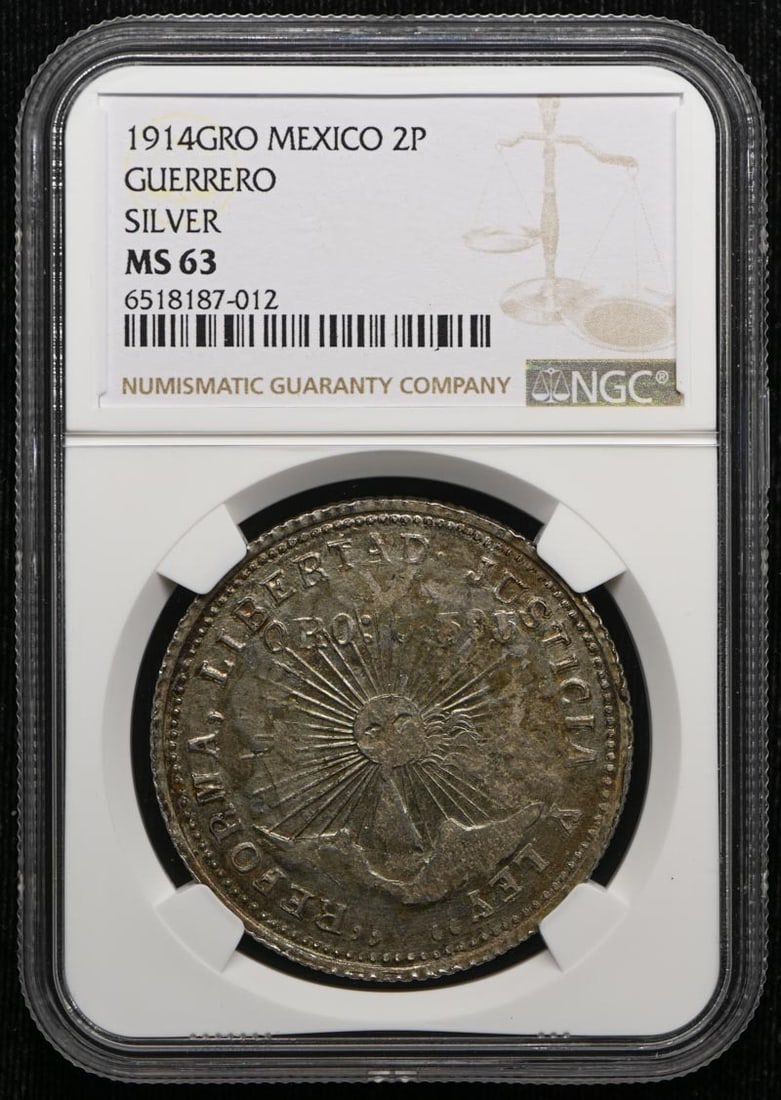 Mexico Guerrero 1914GRO 2P Coin NGC MS63 KM-643 GB-210: Mexico Guerrero 1914GRO 2P Coin NGC MS63 KM-643 GB-210 1914 Mexico Guerrero 2 pesos coin certified by NGC and graded MS63. This pre-owned example is listed as uncirculated. Specifications Item Type: C