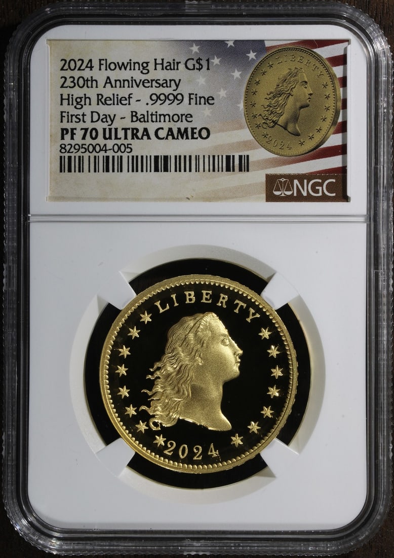 NGC PR70 2024 Flowing Hair Gold 1 oz Proof Coin 230th Anniversary First Day: NGC PR70 2024 Flowing Hair Gold 1 oz Proof Coin 230th Anniversary First Day This 2024 Flowing Hair gold coin commemorates the 230th anniversary and is certified by NGC with a PR70 grade. Struck in pro