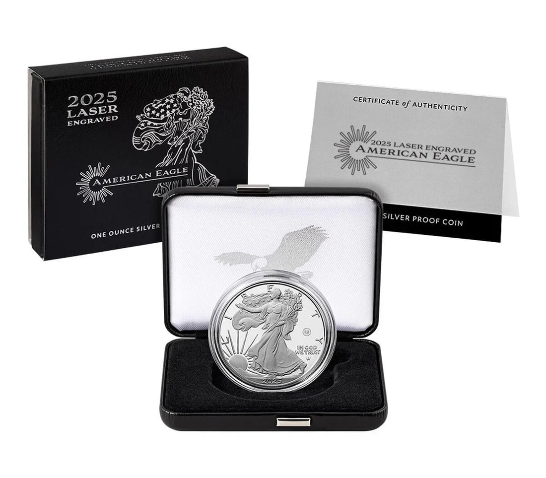 2025-W Proof Silver American Eagle Dollar Laser Privy With OGP and COA: 2025-W Proof Silver American Eagle Dollar Laser Privy With OGP and COA This is a 2025-W Laser Privy Proof American Silver Eagle $1 coin. Struck by the U.S. Mint, this proof coin is composed of 0.999 f