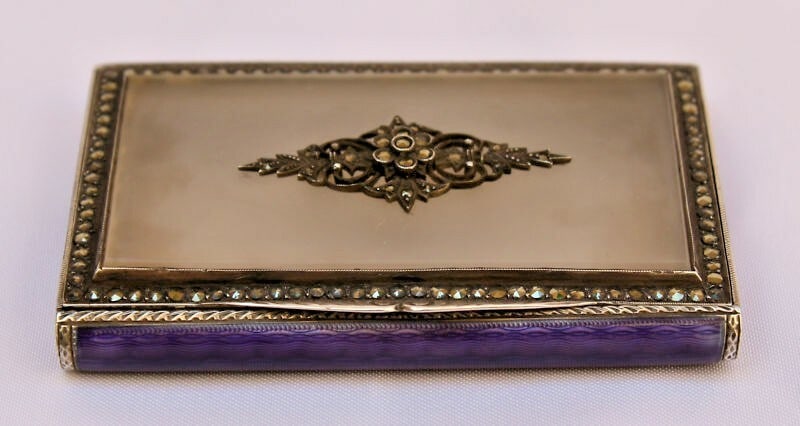 Art Deco 1927 German Silver Rock Crystal Enamel Marcasite Box: Art Deco 1927 German Silver Rock Crystal Enamel Marcasite Box Discover a stunning Art Deco box crafted between 1900 and 1940, featuring exquisite German silver, rock crystal, and enamel with marcasite