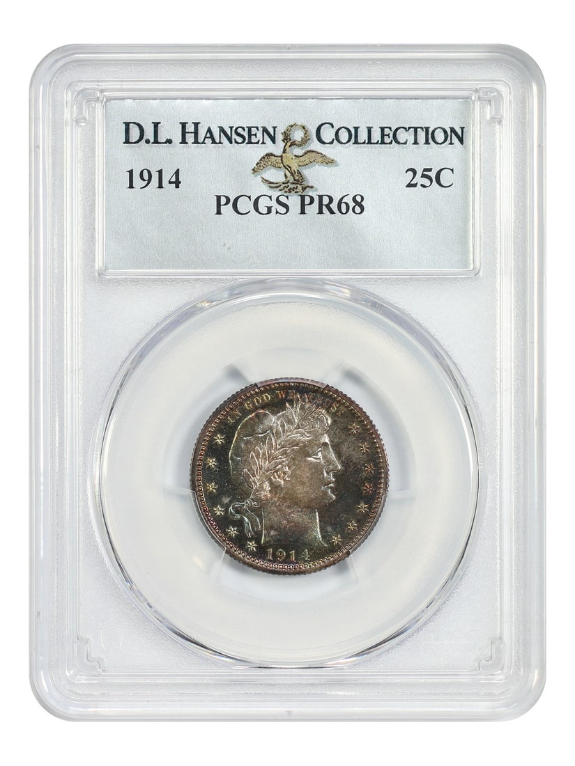 PCGS PR68 1914 Barber Quarter 25C Proof: PCGS PR68 1914 Barber Quarter 25C Proof 1914 Barber Quarter certified by PCGS in PR68 grade. This proof issue is the lowest mintage in the Barber quarter series, with only 380 coins struck for the dat