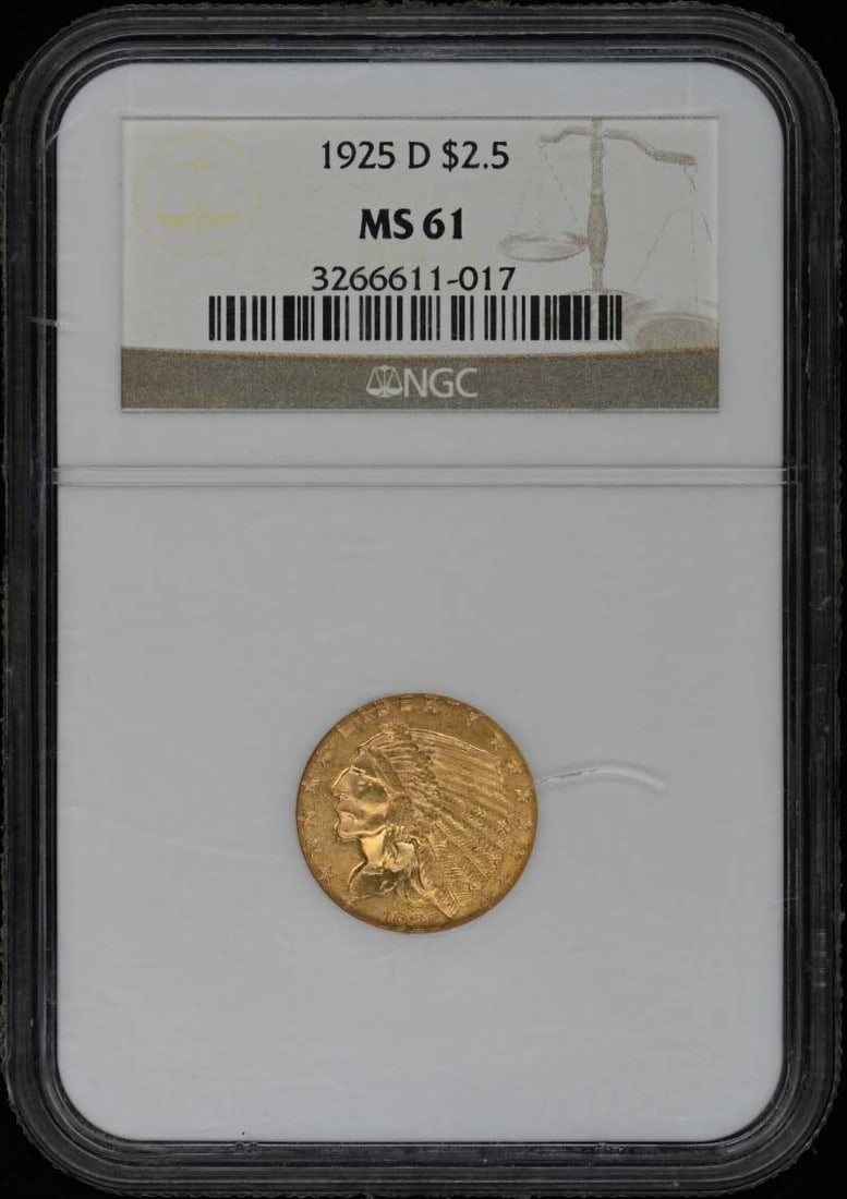 1925-D Indian Head $2.50 Coin NGC MS61 Uncirculated: 1925-D Indian Head $2.50 Coin NGC MS61 Uncirculated This stunning 1925-D Indian $2.50 coin is certified by NGC with a grade of MS61, indicating its uncirculated condition. Minted in Denver, this coin 