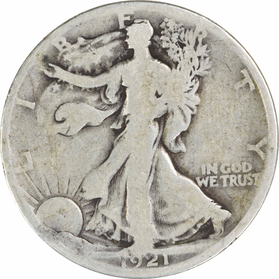 1921 D Liberty Walking 50C Silver Half Dollar Grade G: 1921 D Liberty Walking 50C Silver Half Dollar Grade G 1921-D Walking Liberty silver half dollar in circulated, pre-owned condition with a G grade. This uncertified United States 50C coin is identified