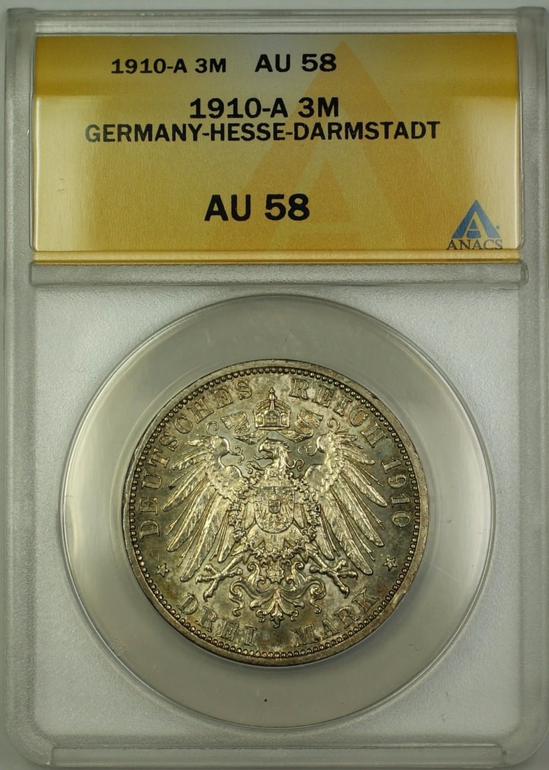 1910 Germany Hesse Darmstadt 3 Mark Silver Coin ANACS Certified AU 58: 1910 Germany Hesse Darmstadt 3 Mark Silver Coin ANACS Certified AU 58 This 1910-A Germany Hesse Darmstadt 3 Mark silver coin is graded AU-58 by ANACS. Minted during the German Empire era (1871-1918), 