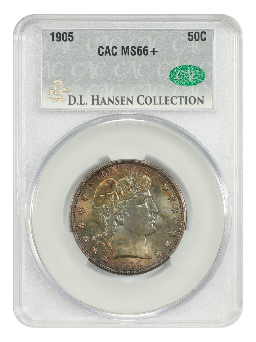 1905 Barber Half Dollar 50C MS66+ CACG Philadelphia Mint: 1905 Barber Half Dollar 50C MS66+ CACG Philadelphia Mint 1905 Barber Half Dollar certified CACG MS66+. This uncirculated Philadelphia issue comes from a lower mintage of 662,000 coins and ranks among 