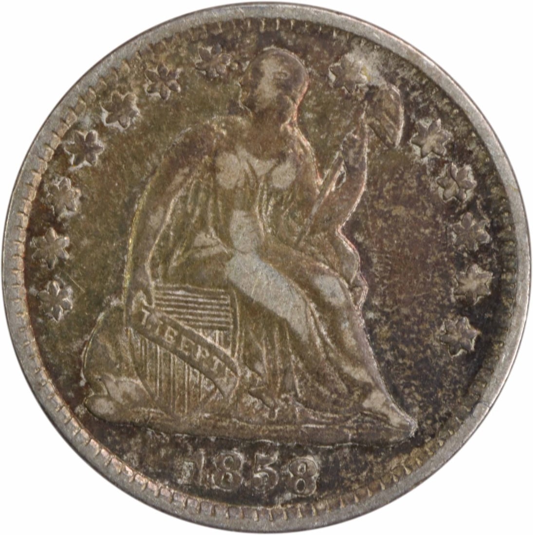 1858 Liberty Seated Half Dime 90% Silver Uncertified: 1858 Liberty Seated Half Dime 90% Silver Uncertified This 1858 Liberty Seated Silver Half Dime is a remarkable piece of American coinage, showcasing the artistry of designer Christian Gobrecht. With a