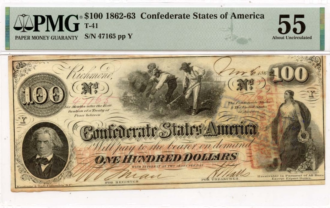 PMG AU55 1862 Confederate States of America T-41 $100 Note: PMG AU55 1862 Confederate States of America T-41 $100 Note 1862 Confederate States of America T-41 $100 note certified by PMG and graded AU55. This pre-owned, circulated example is identified by certi