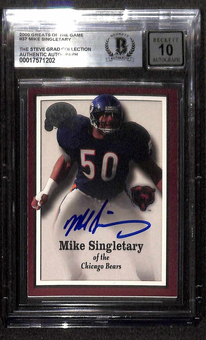 Autographed 2000 Greats of the Game #37 Mike Singletary Card Beckett Authenticated: Autographed 2000 Greats of the Game #37 Mike Singletary Card Beckett Authenticated This is an original 2000 Greats of the Game #37 sports trading card featuring Chicago Bears linebacker Mike Singletar