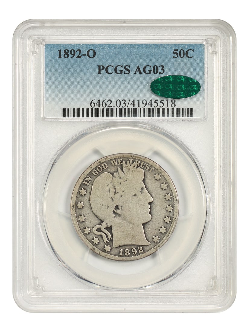 PCGS CAC AG03 1892 O Barber Half Dollar 50C New Orleans Mint: PCGS CAC AG03 1892 O Barber Half Dollar 50C New Orleans Mint 1892-O Barber Half Dollar certified by PCGS and CAC in AG03 condition. This circulated, pre-owned coin is an underrated first-year O-Mint i
