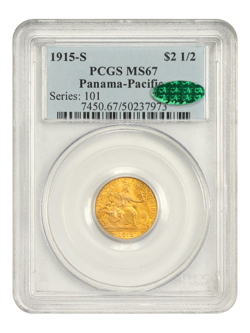 PCGS CAC MS67 1915-S Panama-Pacific $2.50 Gold Commemorative Coin: PCGS CAC MS67 1915-S Panama-Pacific $2.50 Gold Commemorative Coin 1915-S $2.50 Panama-Pacific classic gold commemorative coin, certified by PCGS and CAC approved. This uncirculated example is one of f
