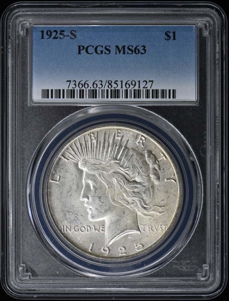 PCGS MS63 1925-S San Francisco Peace Dollar: PCGS MS63 1925-S San Francisco Peace Dollar This 1925 Peace Dollar is graded MS63 by PCGS and originates from the San Francisco mint. The coin is uncirculated and represents the iconic Peace Dollar de