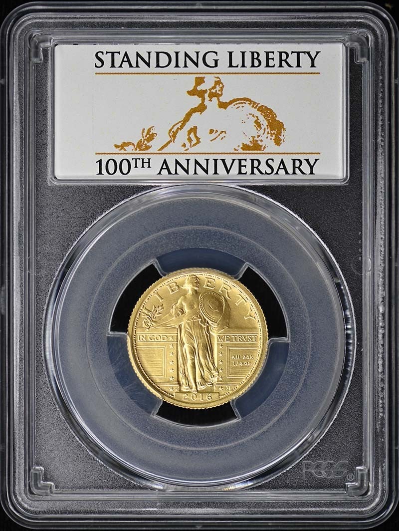 PCGS SP70 2016-W Standing Liberty Centennial Gold Quarter 25C: PCGS SP70 2016-W Standing Liberty Centennial Gold Quarter 25C 2016-W Standing Liberty 100th Anniversary 25C gold coin certified by PCGS and graded SP70. This pre-owned United States issue is identifie