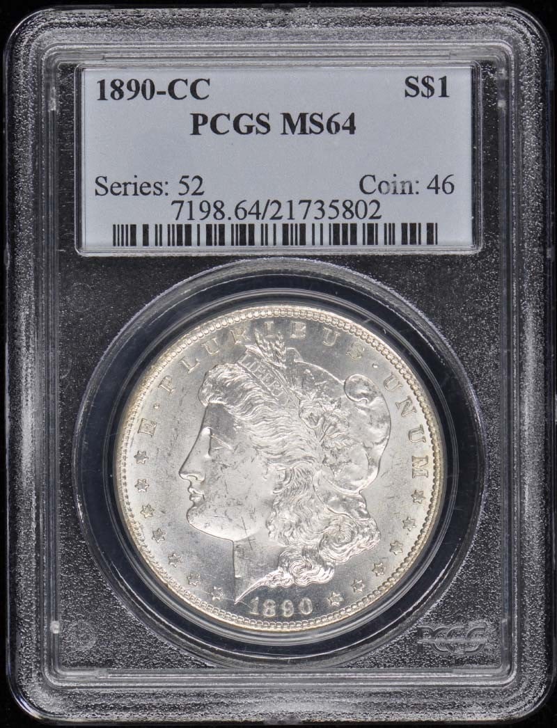 1890-CC Morgan Dollar PCGS MS64 Uncirculated Coin: 1890-CC Morgan Dollar PCGS MS64 Uncirculated Coin This 1890-CC Morgan Dollar is certified by PCGS with a grade of MS64, indicating an uncirculated condition. Minted in Carson City, this coin is a rema