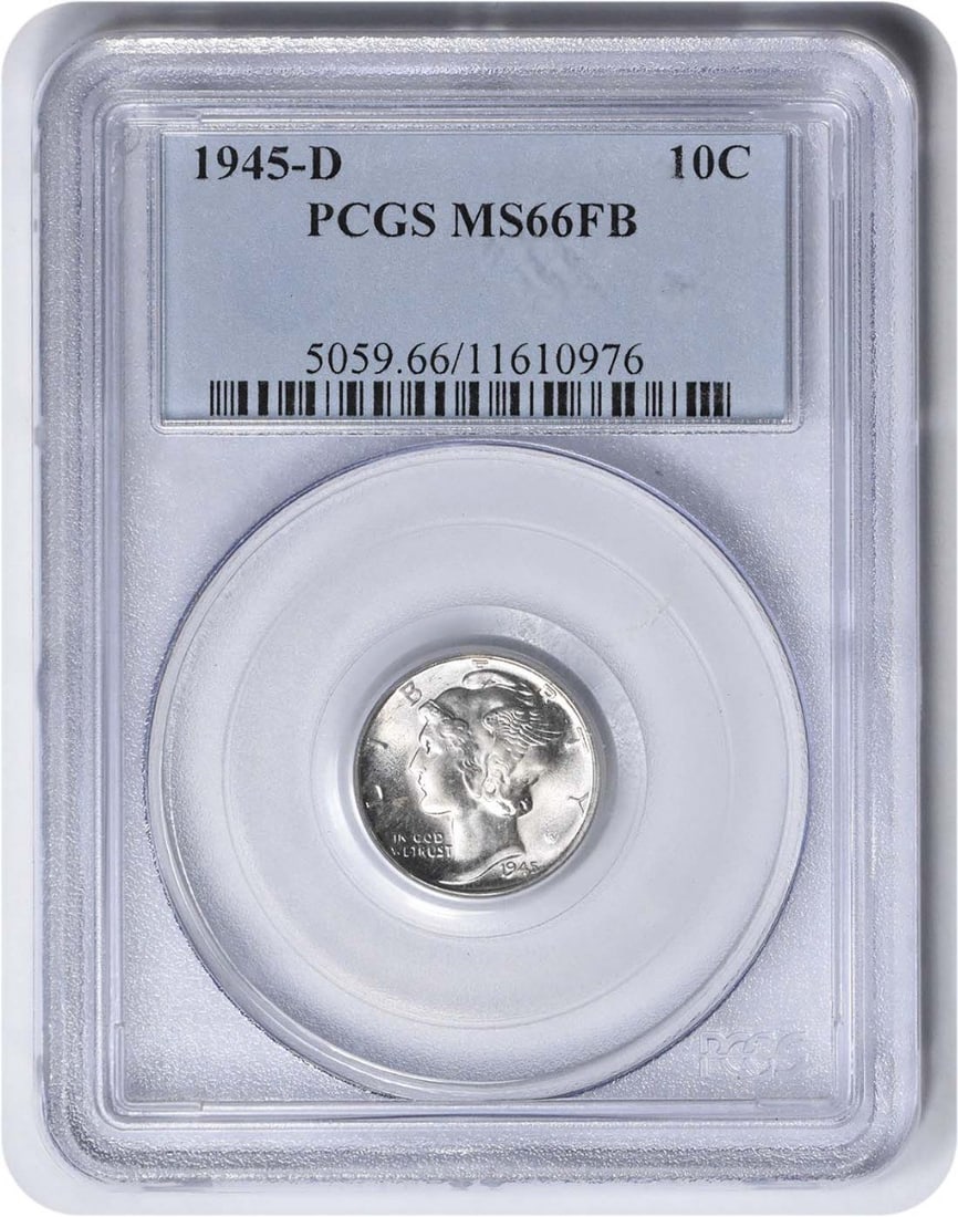 1945-D Mercury Dime MS66FB PCGS 90% Silver Coin: 1945-D Mercury Dime MS66FB PCGS 90% Silver Coin This 1945-D Mercury Silver Dime is an extraordinary collectible, certified by PCGS with a grade of MS66FB, indicating its uncirculated condition. Struck